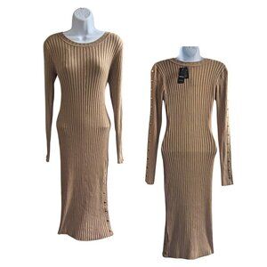 NWT BEBE Tan Long Sleeve Knit Snap Detail Bodycon Midi Sweater Dress Size M
